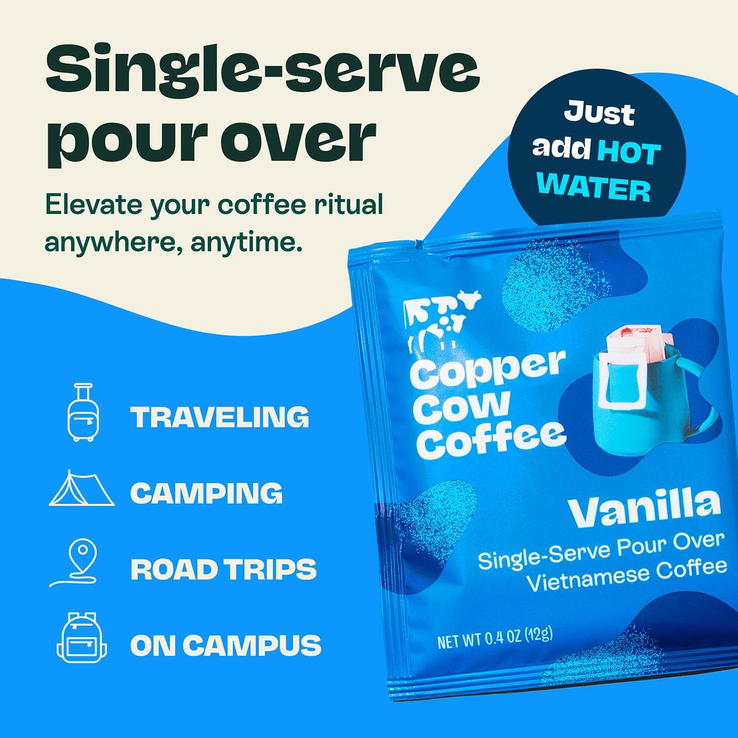 Copper Cow Coffee Premium Vietnamese Coffee Pouches, Vanilla, Dark Roast, 24 Pack, 0.4 Ounce Each
