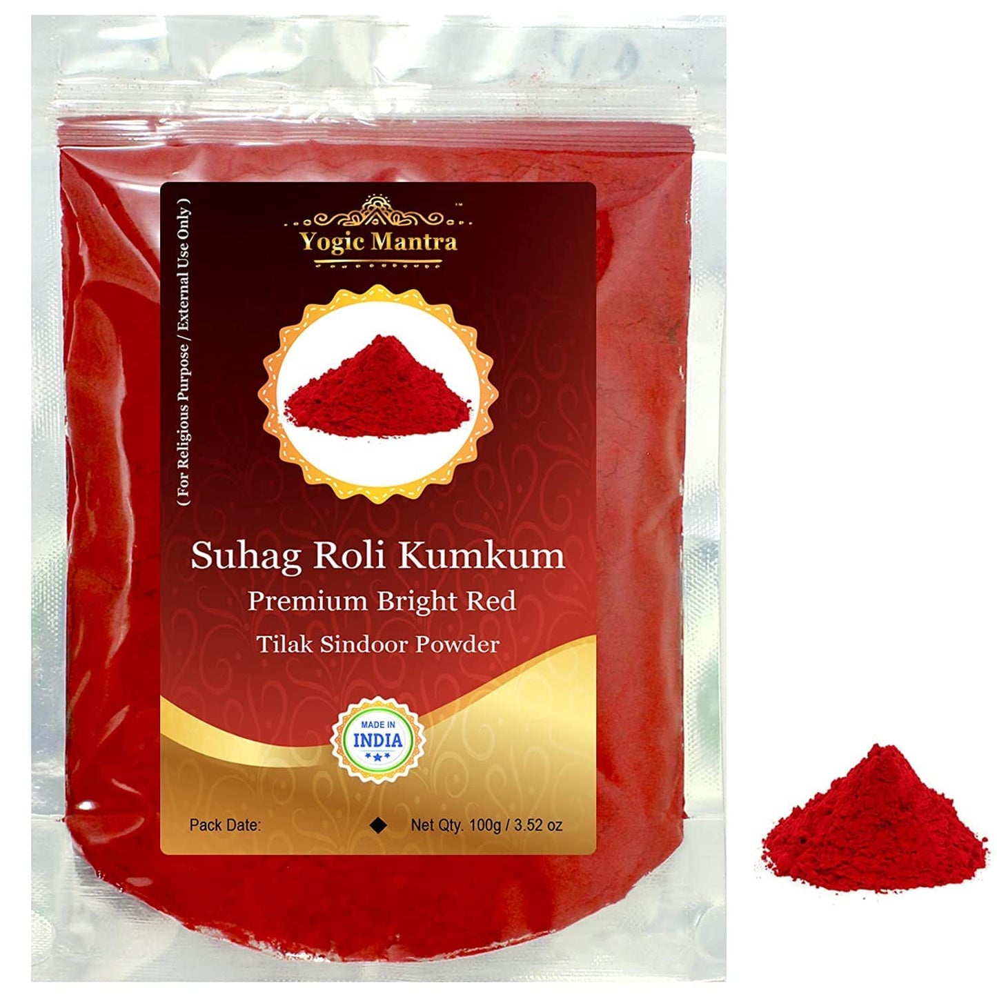 Yogic Mantra Kumkum Powder (100G Resealable Pouch) Bright Red Color Suhag Roli Sindoor Ceremonial Mark Lal Sindur Laxmi Devi Hin
