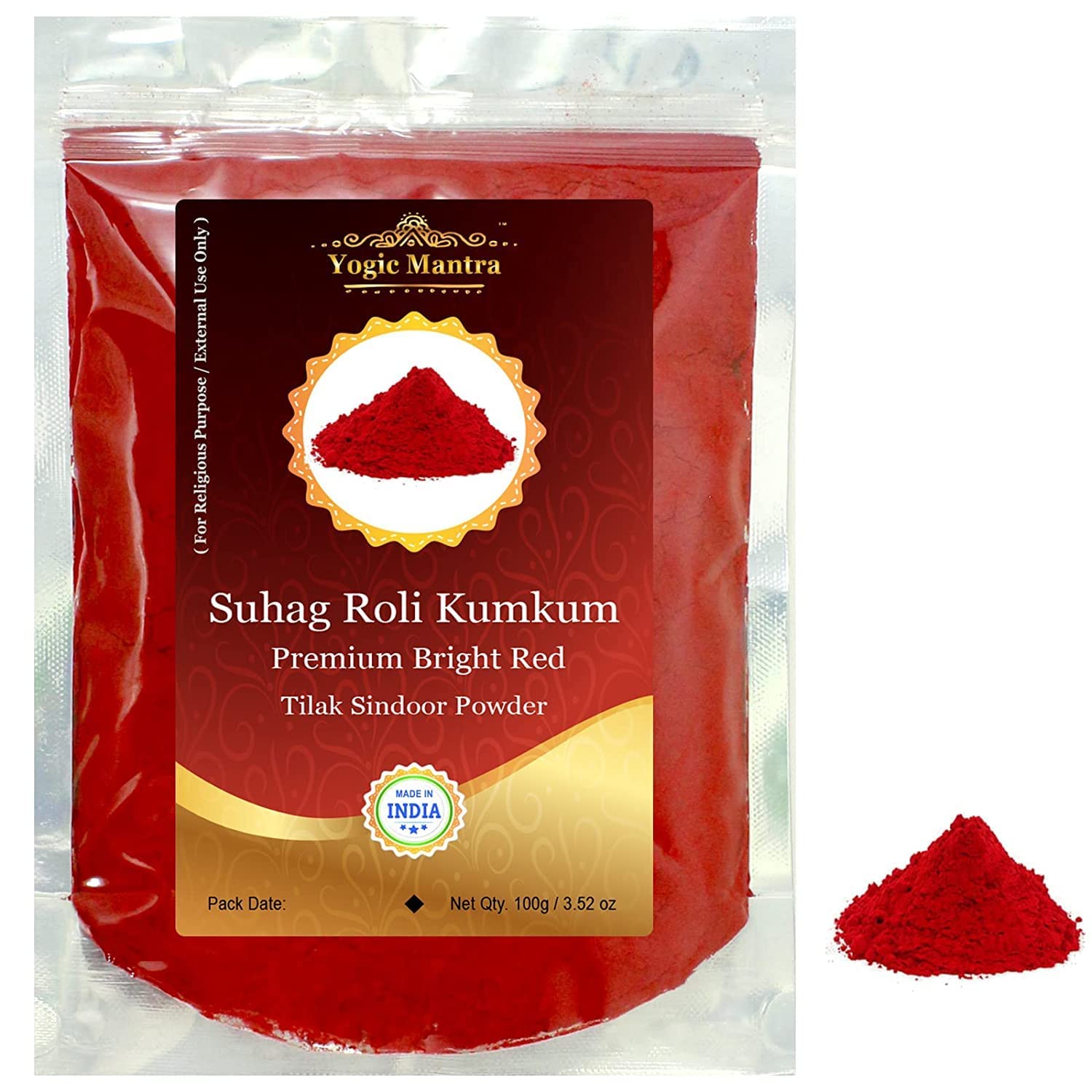 Yogic Mantra Kumkum Powder (100G Resealable Pouch) Bright Red Color Suhag Roli Sindoor Ceremonial Mark Lal Sindur Laxmi Devi Hin