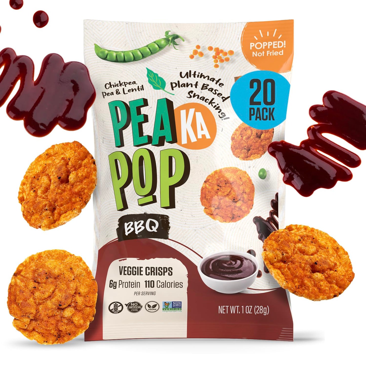 PEAKAPOP Veggie Chips – Plant-Based BBQ Crisps with Pea Protein – 1 oz Bags (15-Pack) – Vegan, Gluten-Free