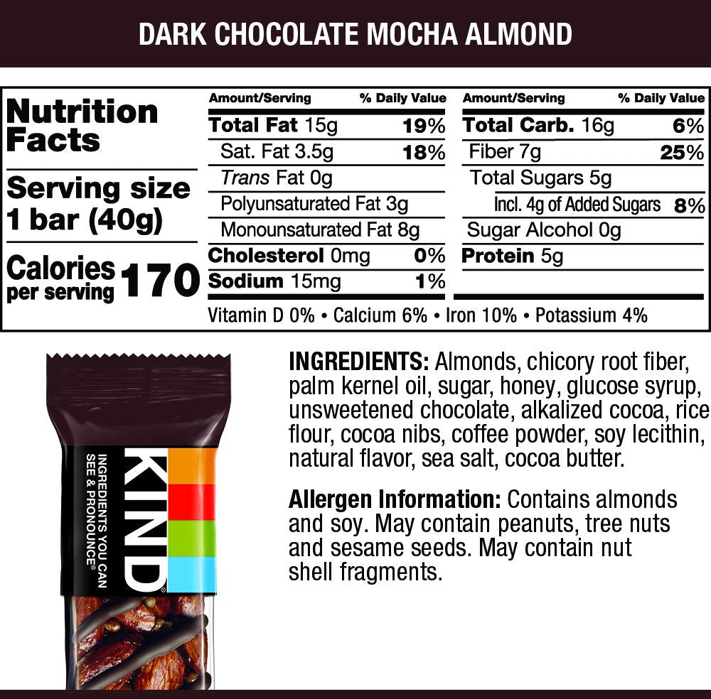 KIND Nut Bars, Dark Chocolate Mocha Almond, 1.4 Ounce, 60 Count, Gluten Free, 5g Sugar, 5g Protein