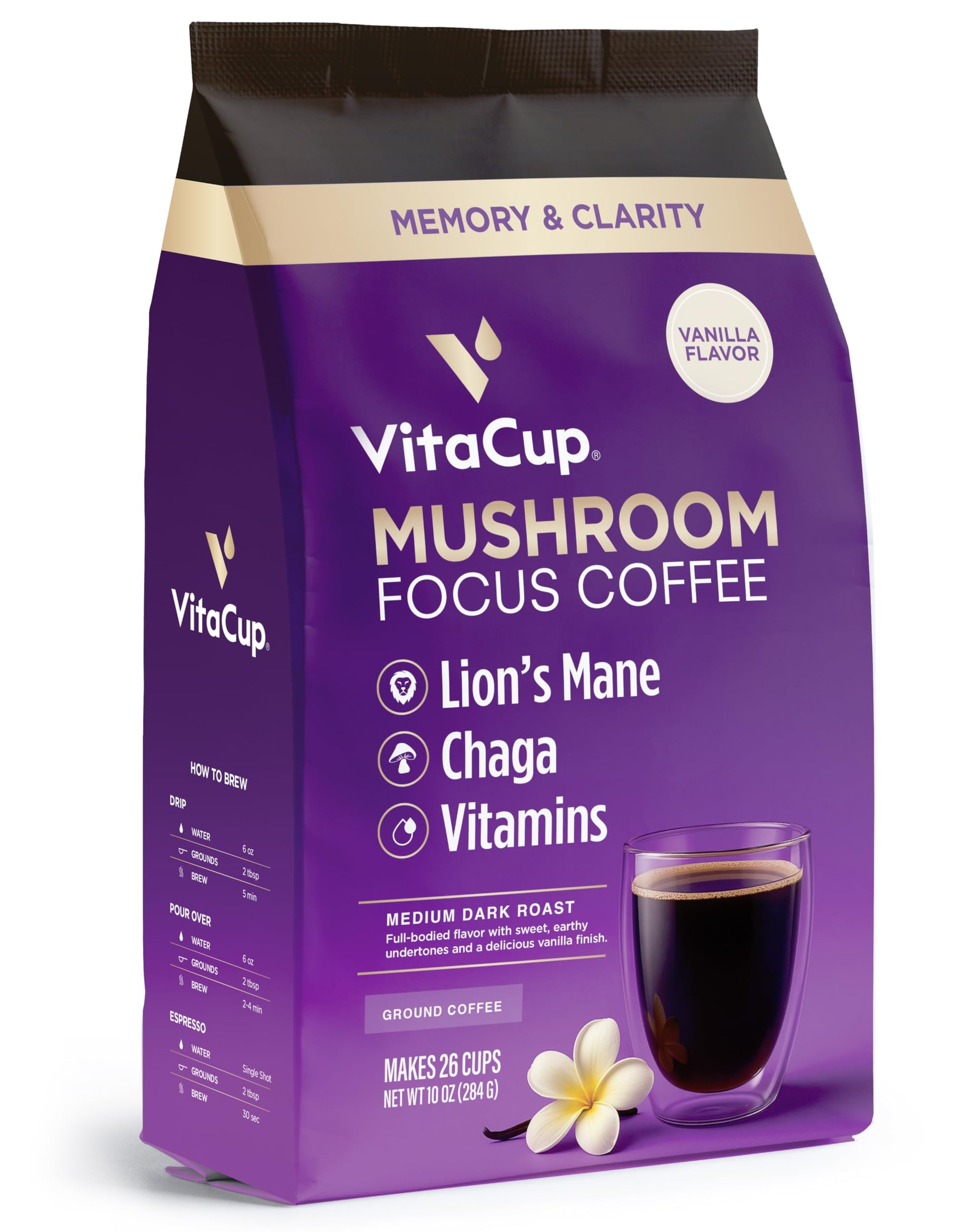 VitaCup Focus Mushroom Coffee Grounds, Vanilla Flavored Coffee with Lions Mane, Chaga, B Vitamins, D3, Boost Focus, Immunity, Me