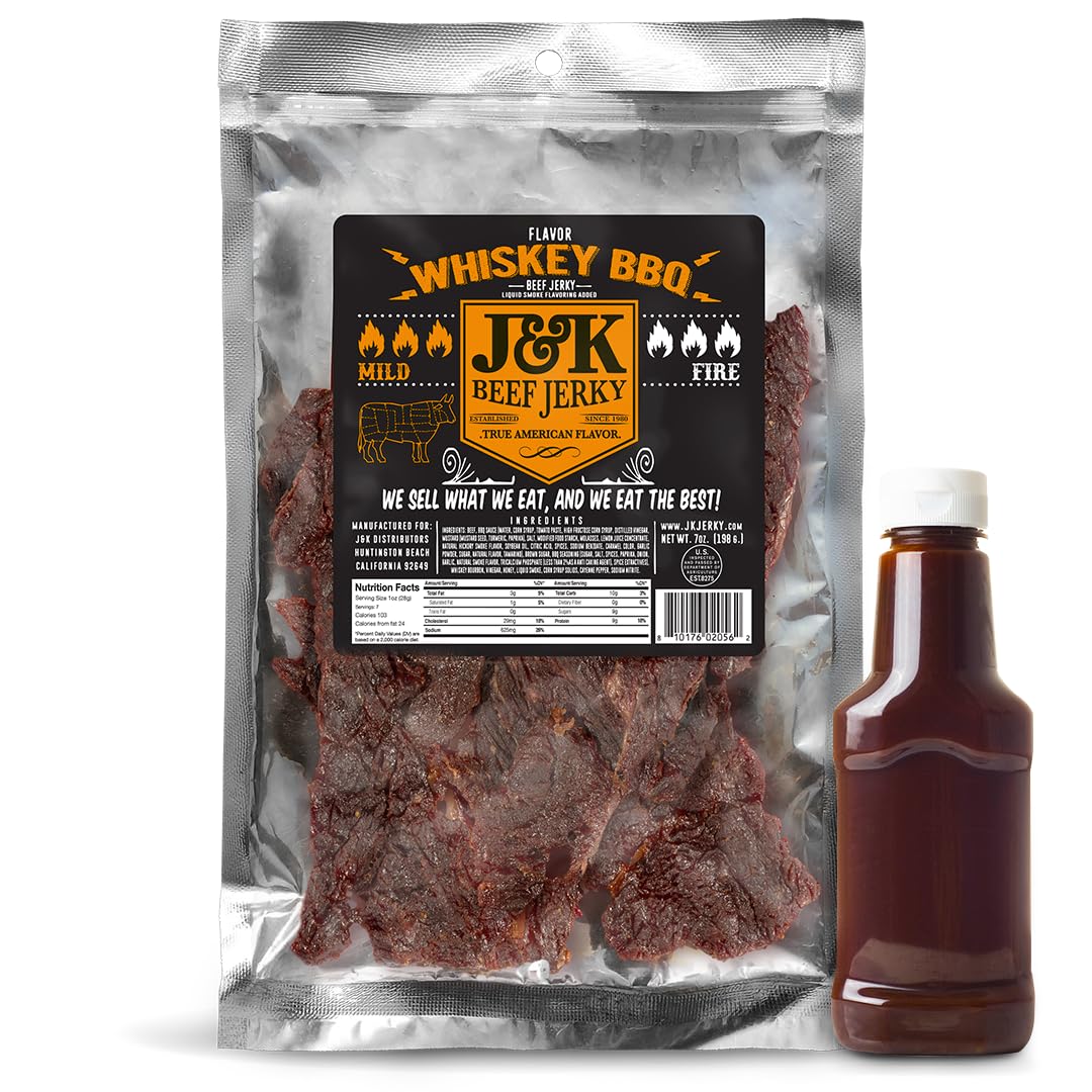 J&K Beef Jerky Whiskey BBQ Spicy Beef Jerky - 7oz Big Bag - Small Batch American Made Snack