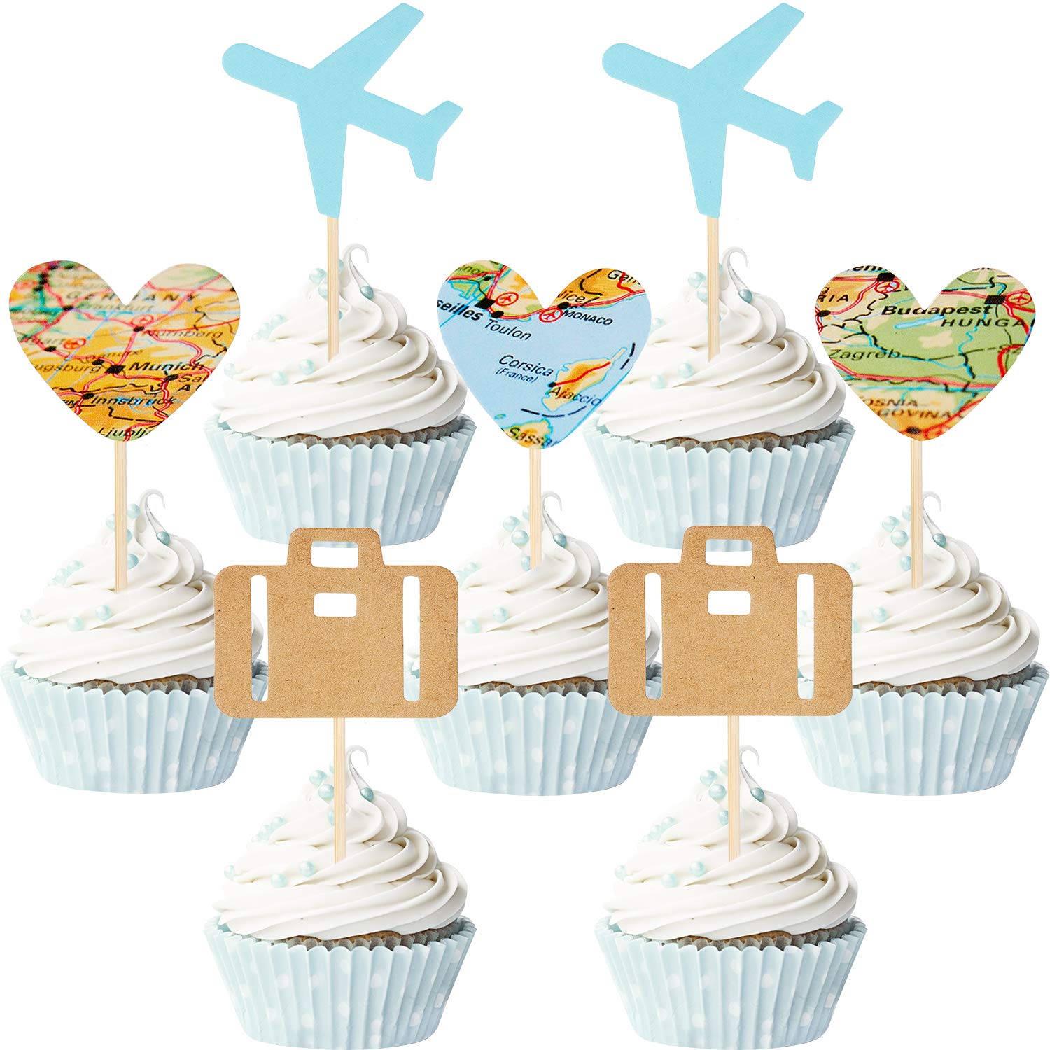 36 Pieces Travel Themed Cupcake Toppers Set, Airplane Cupcake Toppers Map Heart Cake Toppers For Travel Themed Baby Shower Party