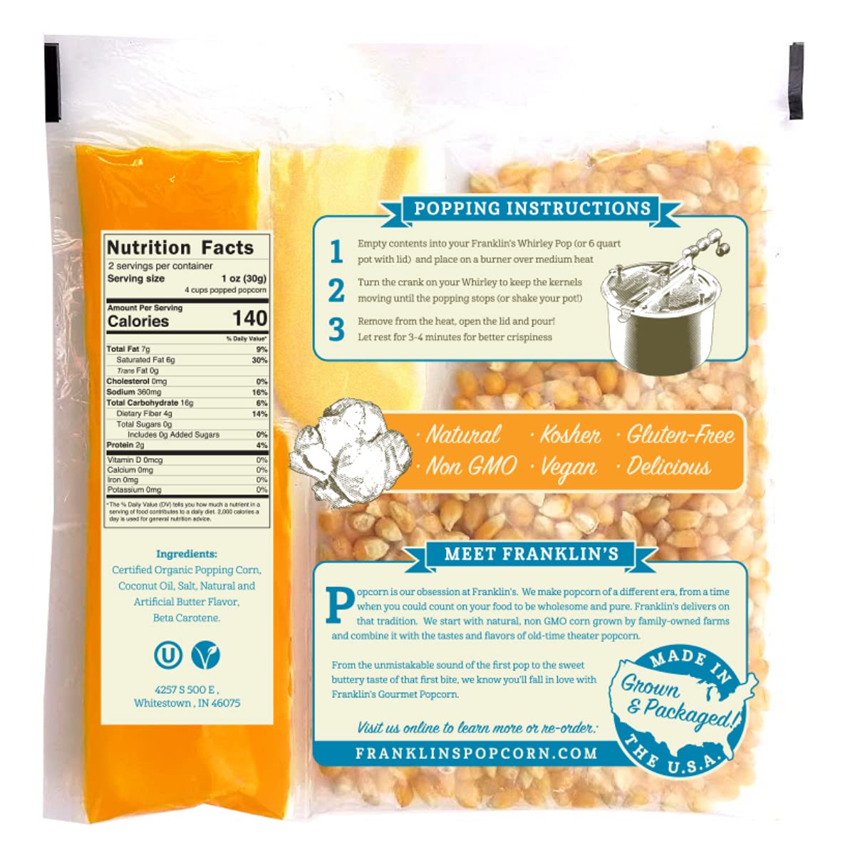 Franklins Gourmet Popcorn All-In-One Pre-Measured Packs - 4oz. Pack of 10 - Butter Flavored Coconut Oil + Butter Salt Popcorn Se