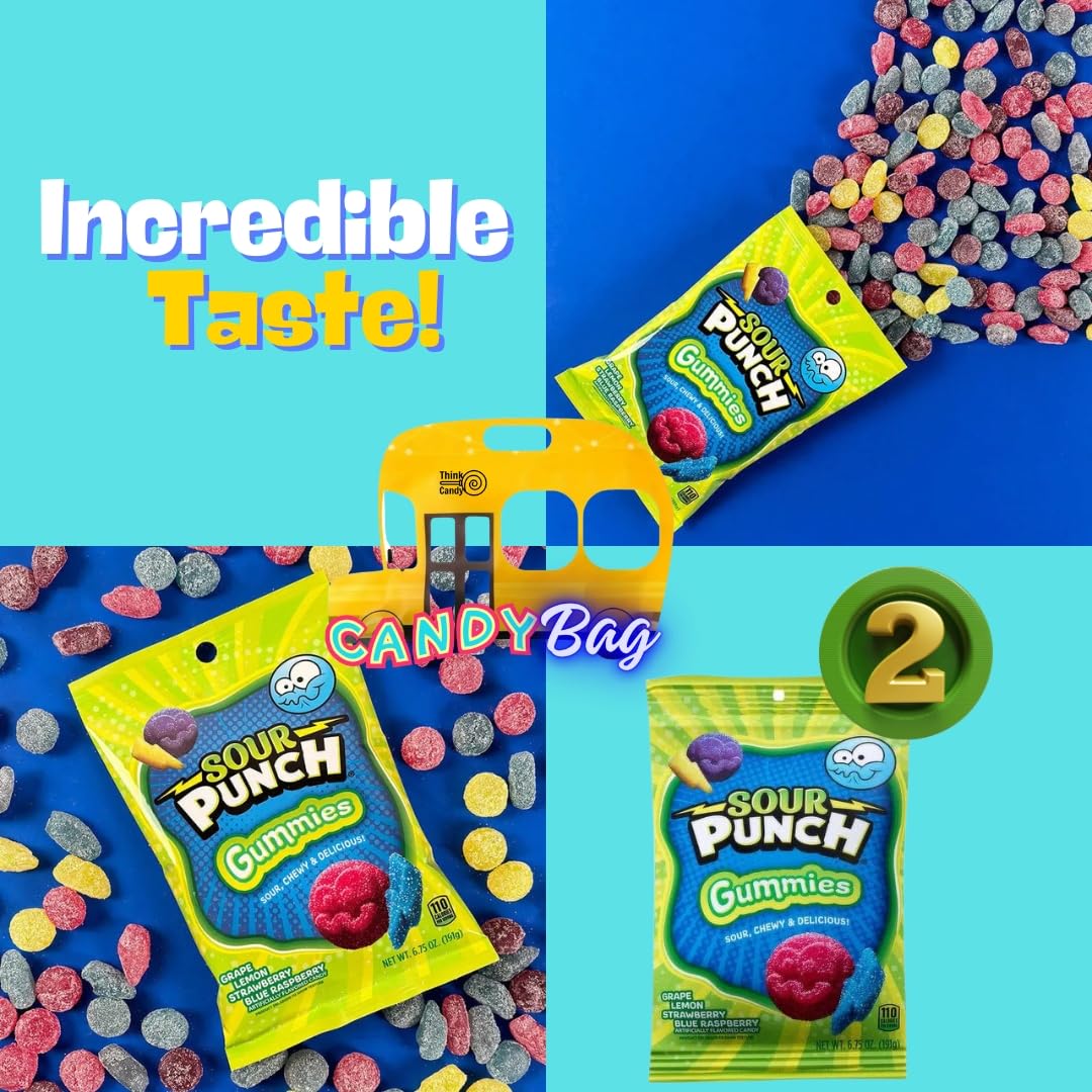 Think Candy Sour Punch Gummies - Pack of 2 - Blue Raspberry, Strawberry, G , Lemon - 6.75oz Each - Chewy & Sour Candy