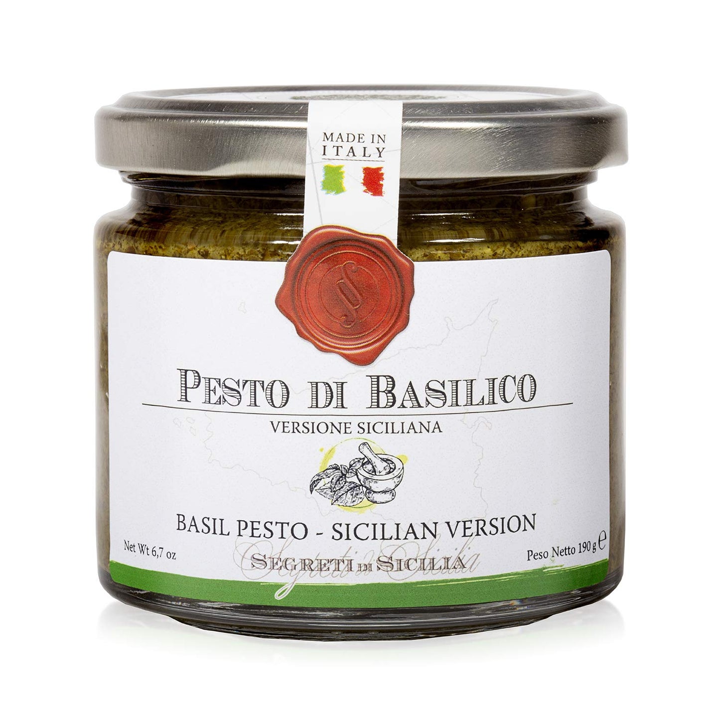 Frantoi Cutrera Classic Basil Pesto Sauce For Pasta And Bruschetta Topping, Creamy Italian Spread With Basil, Pistachio, Almonds, And Evoo, Product Of Sicily, Italy Glass Jar, 6.7 Oz (190G)