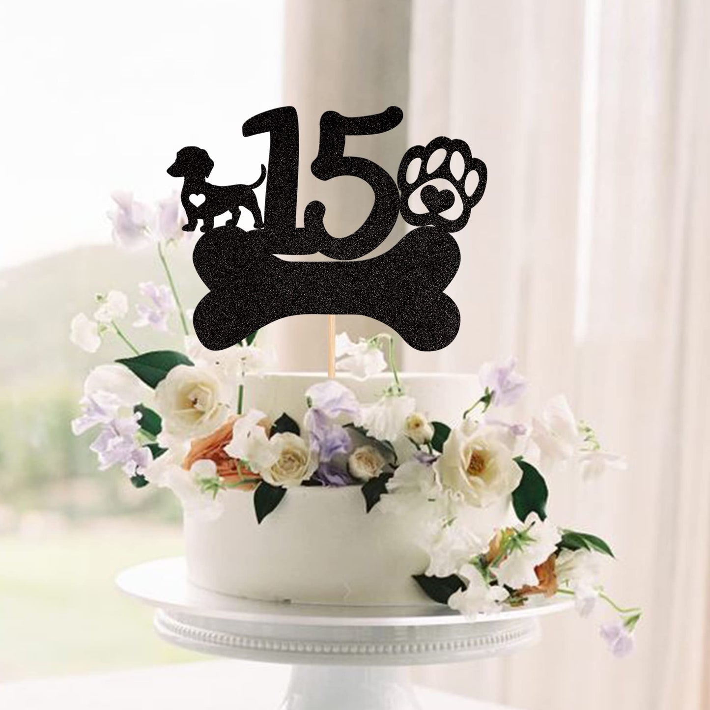 1 Pcs 15Th Birthday Cake Topper Black Glitter Dog Paw Fifteen Years Old Birthday Puppy Dog Bone Cake Pick For Let'S Pawty Baby S