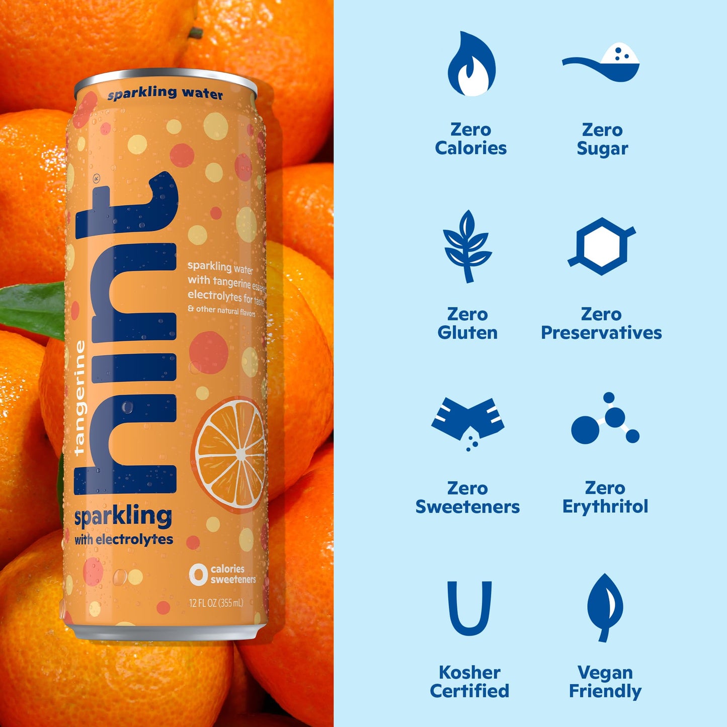 Hint Sparkling Water, Tangerine Flavor, Electrolytes, Zero Calories, 12 Fl Oz Cans, Pack of 12