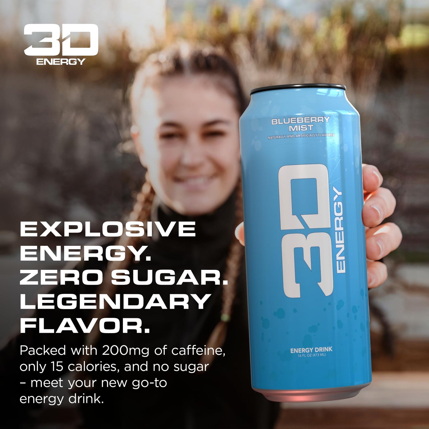 3D Energy Drink - Sugar Free  200mg Caffeine  Pre Workout  Taurine  L-Carnitine  Lightly Carbonated  16oz Cans  12 Pack - Blueberry Mist