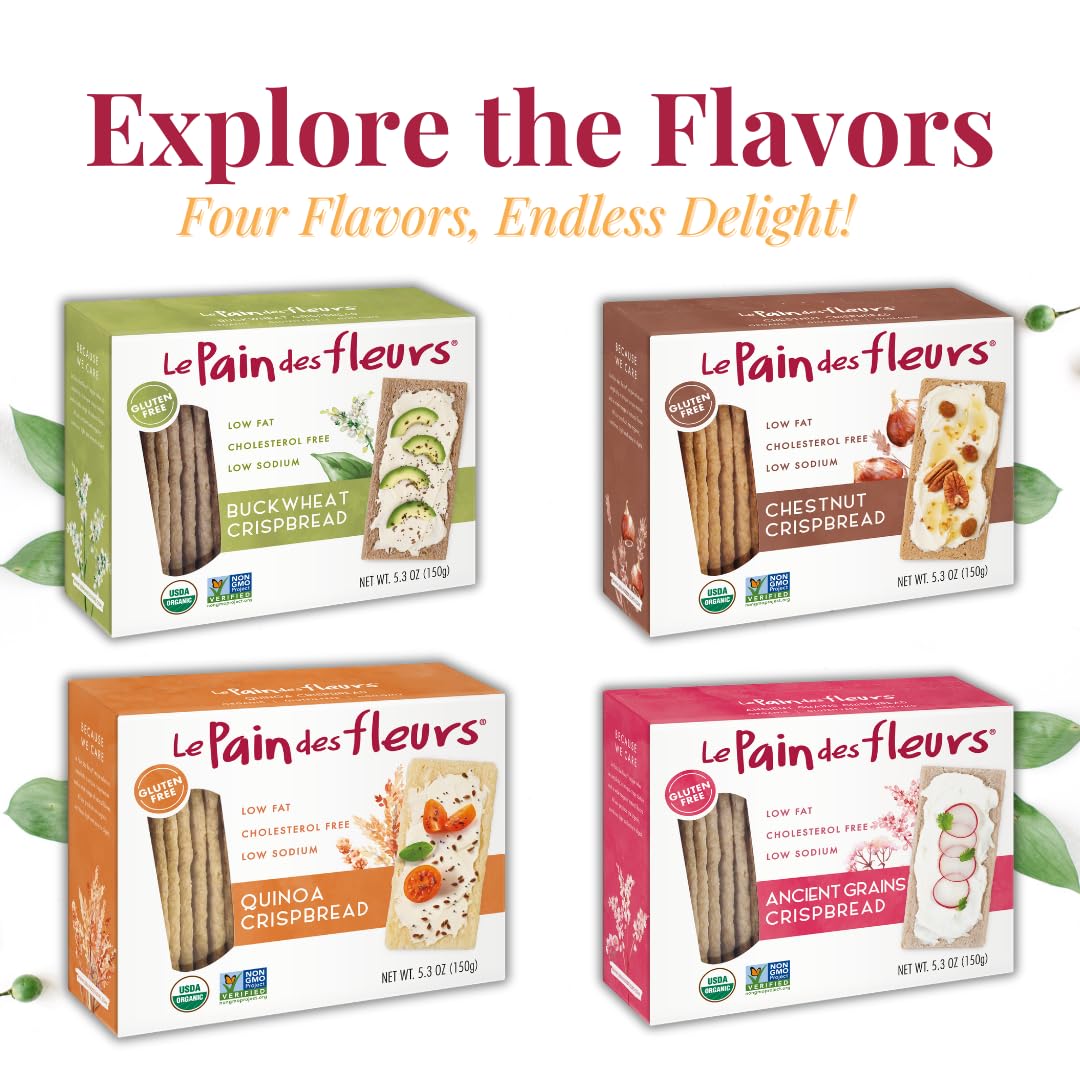 Le Pain Des Fleurs Organic Buckwheat Crispbread | Low Sodium, Low Fat, Vegan Crackers| 6 Pack Of 5.3 Oz Boxes