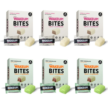 Wake Up! Caffeinated Protein Bars Value Pack - 6 Cartons (48 Bites) - 3 Vanilla Creme & 3 Mint Chocolate - 175Mg Energy Blend (1 Bite = 1.5 Espressos) - Gluten-Free  Vegetarian  Kosher