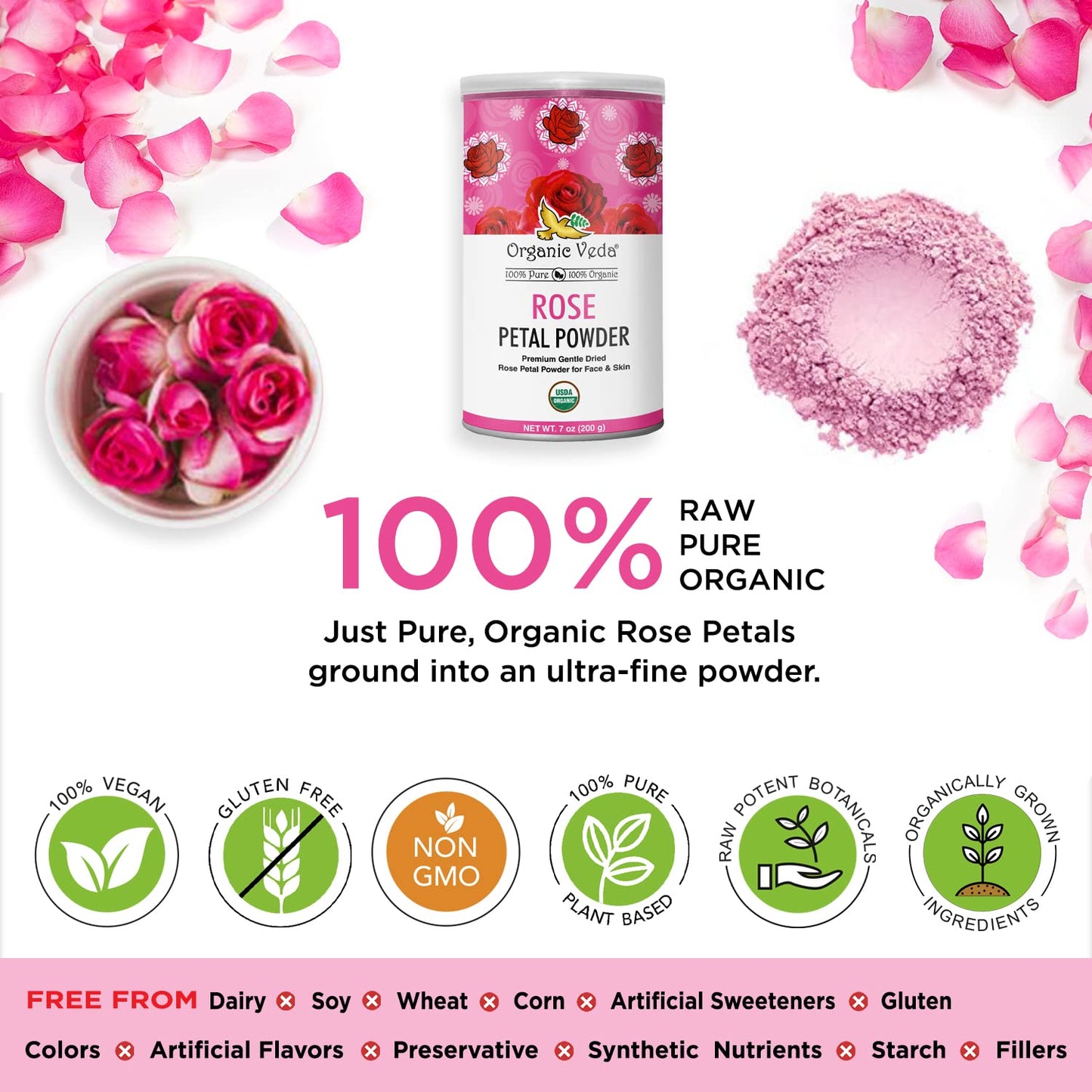 Organic Veda Edible Rose Petal Powder - 16oz - Vegan, Gluten-Free, for Cooking, Herbal Tea, Smoothies, DIY Face Masks