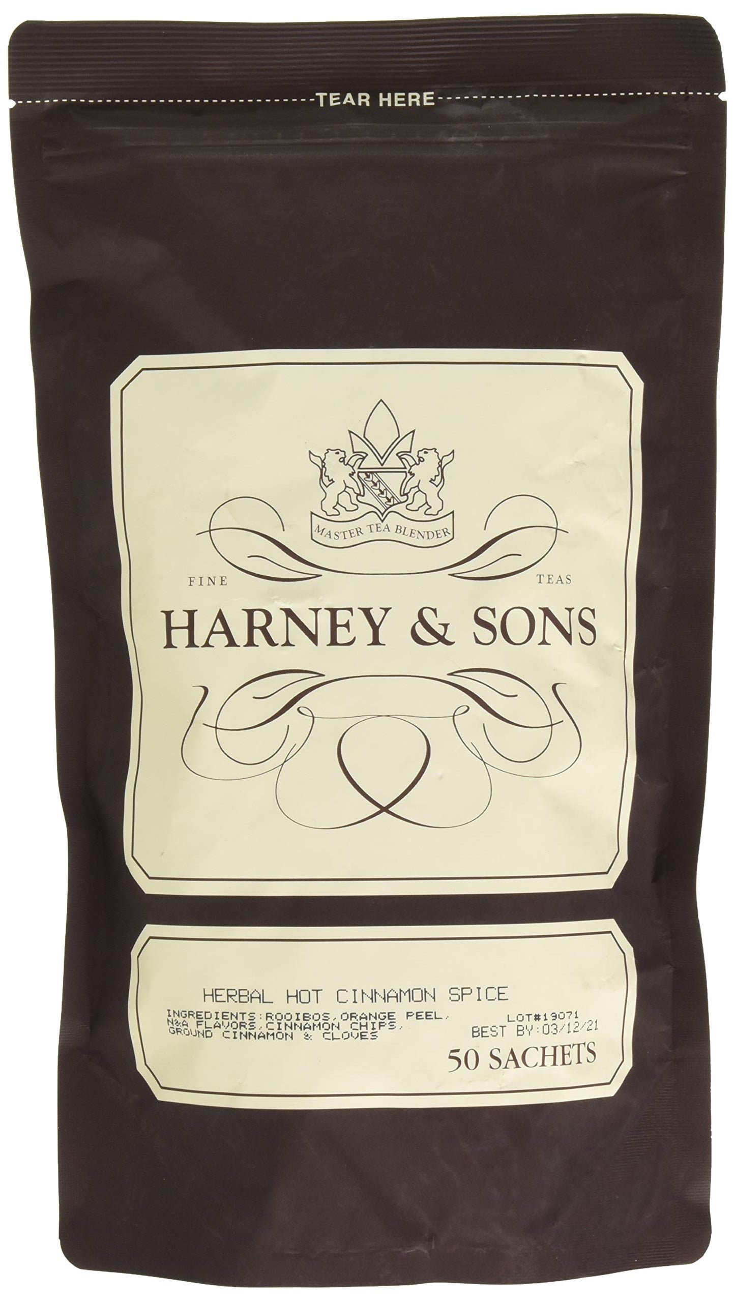 Harney & Sons Herbal Hot Cinnamon Black Tea, 50 Sachets, with Orange Peel, Clove, and Cinnamon, Model 20-0006