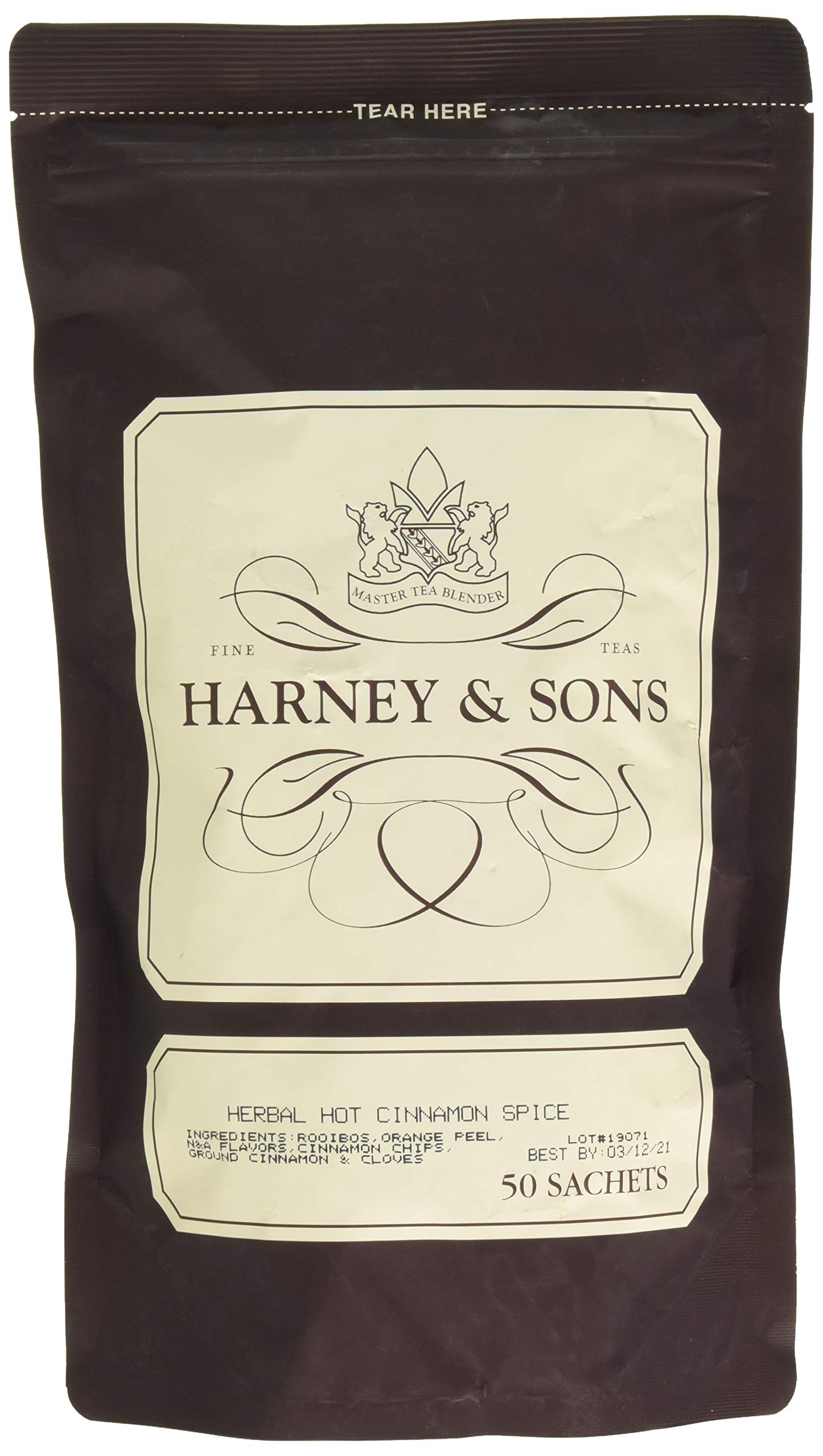 Harney & Sons Herbal Hot Cinnamon Black Tea, 50 Sachets, with Orange Peel, Clove, and Cinnamon, Model 20-0006