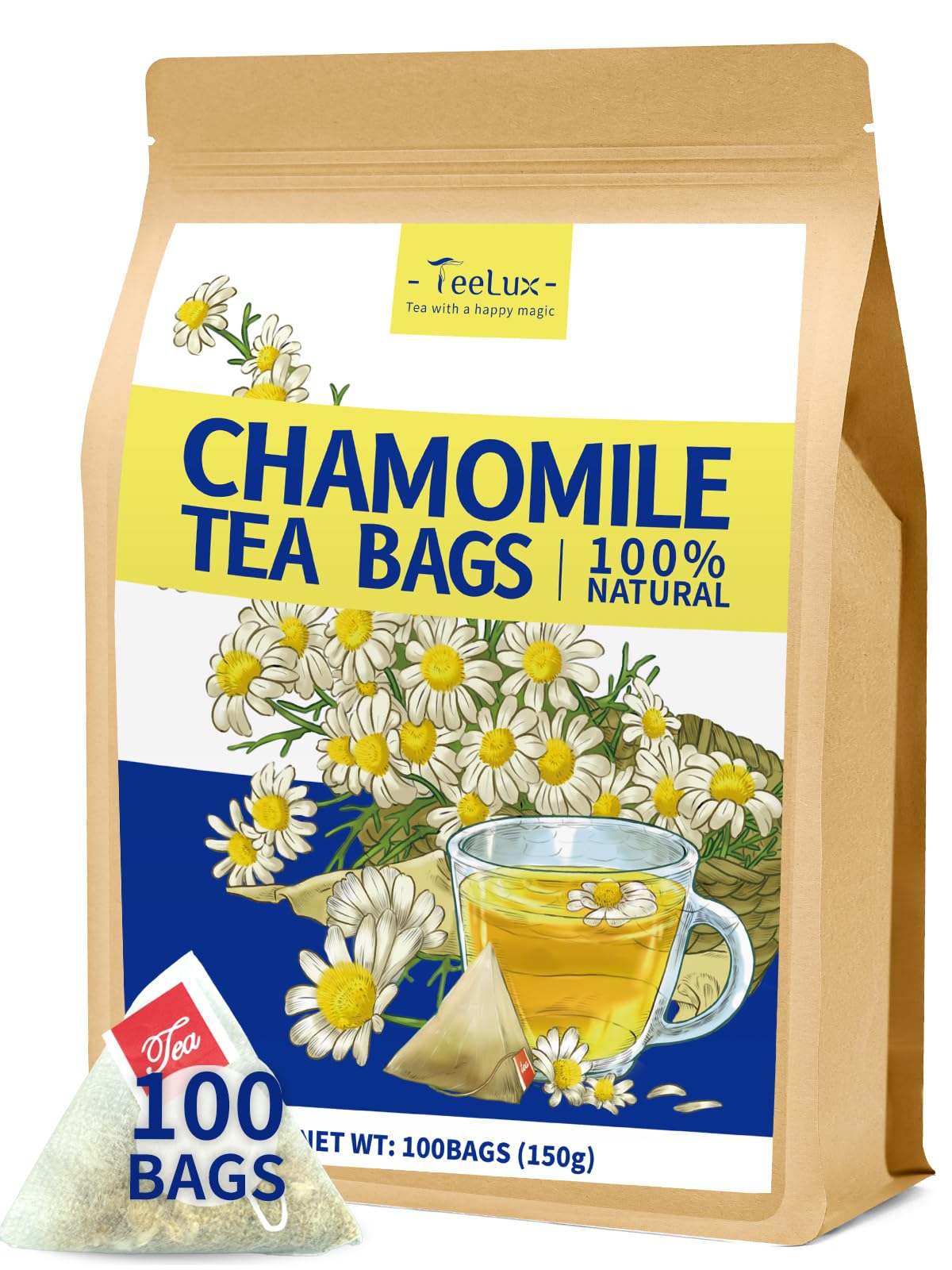 TeeLux Chamomile Tea Bags - Pure Natural Herbal Tea, Caffeine Free, 100 Count