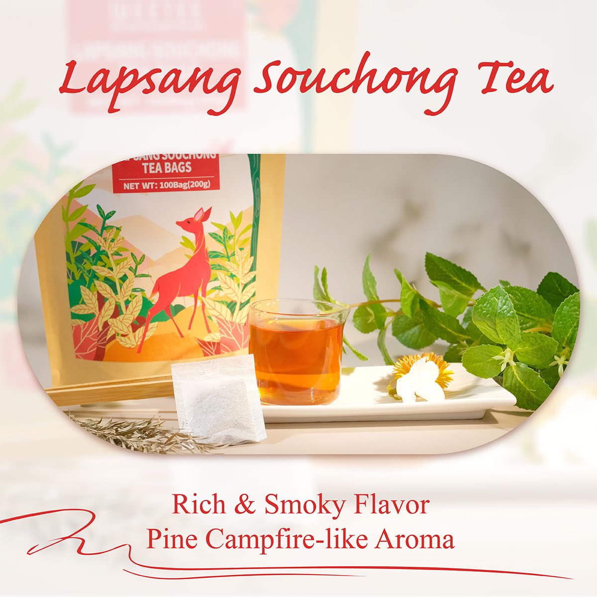 WT WEETEE Lapsang Souchong Tea Bags, Smoky Black Tea, 100 Count, Resealable Kraft Bag, Natural Caffeine & Antioxidants