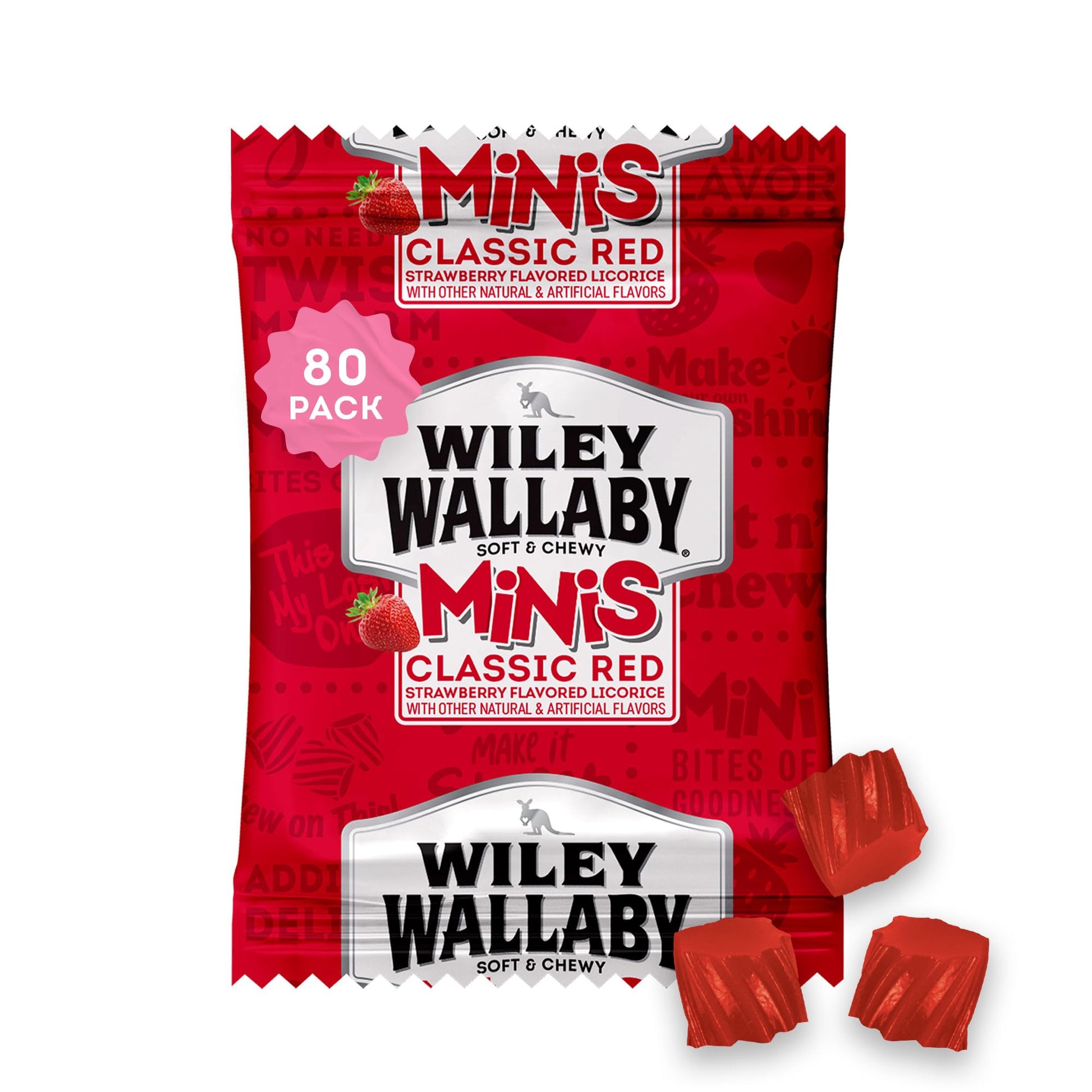 Wiley Wallaby Mini Licorice Bites 0.5 Ounce Classic Gourmet Soft & Chewy Australian Classic Red Licorice Candy Bags, 80 Pack