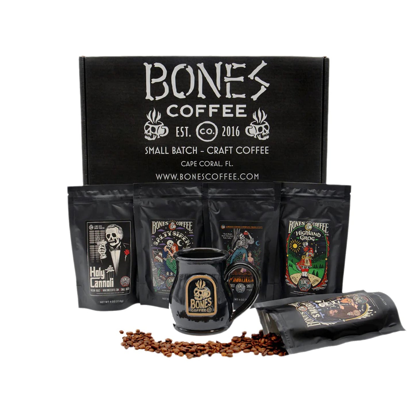 Bones Coffee Company Favorite Flavor Sample Pack With Specialty Mug | Pack Of 5 Assorted Flavor Ground Coffee Beans | Medium Roa