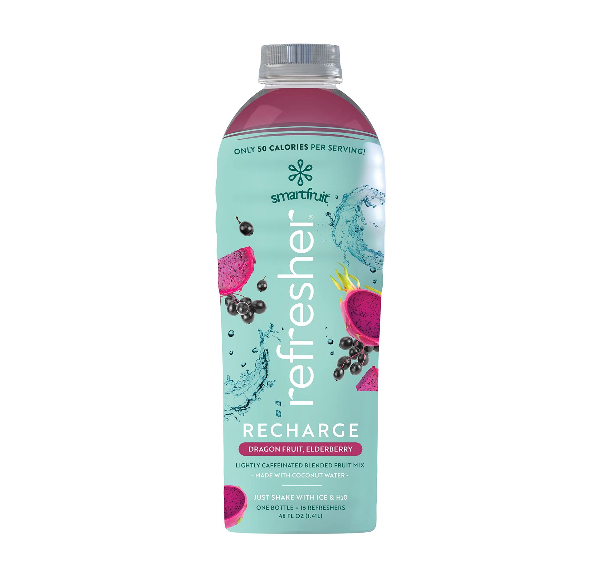 Smartfruit Recharge Refresher - Dragon Fruit, Elderberry - 48oz Bottle - Low Cal, Hydrating Coconut Water - Magenta, Purple