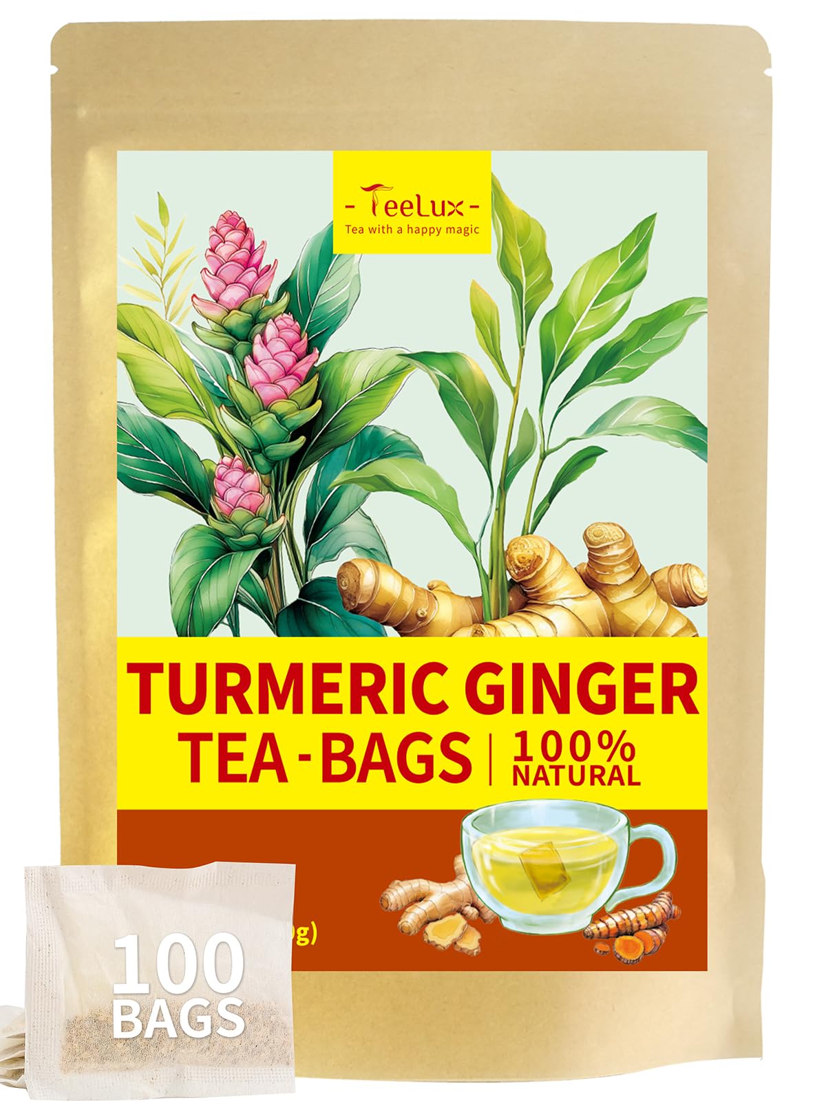 TeeLux Turmeric Ginger Tea Bags - Caffeine Free Herbal Tea, 100 Count, Spicy & Smooth Flavor
