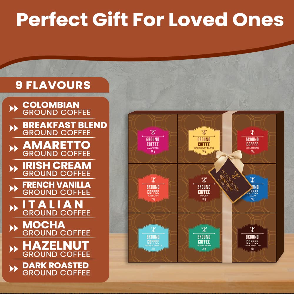 Tilz Gourmet Coffee Gift Set - 9 Ground Coffee Assortment, Tasting Kit, 0.7 Ounce Each, Perfect for Coffee Lovers