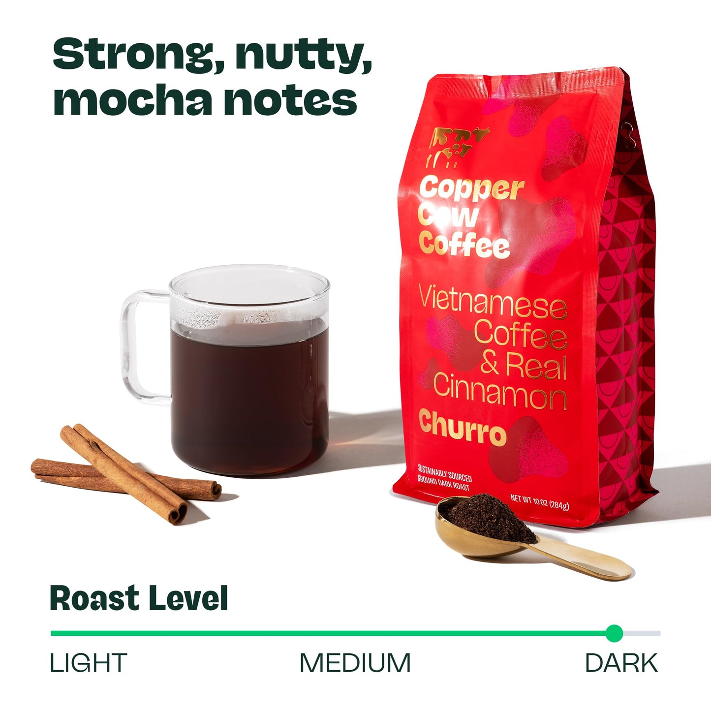 Copper Cow Premium Vietnamese Ground Coffee | Churro | Dark Roast | Flavored With Real Cinnamon | Universal Grind | 10 Oz