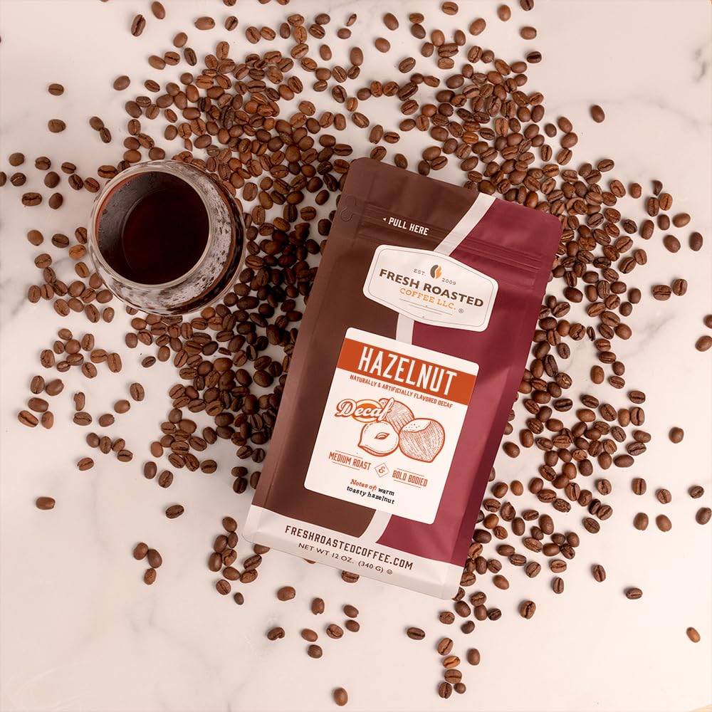 Fresh Roasted Coffee Decaf Hazelnut Flavored, Medium Roast, Whole Bean, 12 oz, Kosher