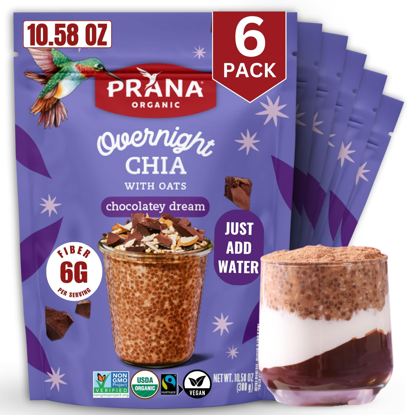 Prana Organic Overnight Chia with Oats Chocolatey Dream | Rich in Fiber & Protein, Vegan, Non-GMO | Fairtrade Chia Pudding - 10.
