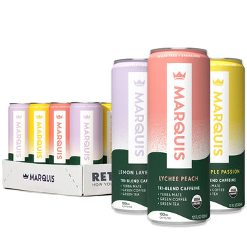 Marquis Natural Energy Drink, Sugar Free, 0 Calories, 100mg Plant Caffeine, 12 oz Cans, 12 Pack, Innovation Variety