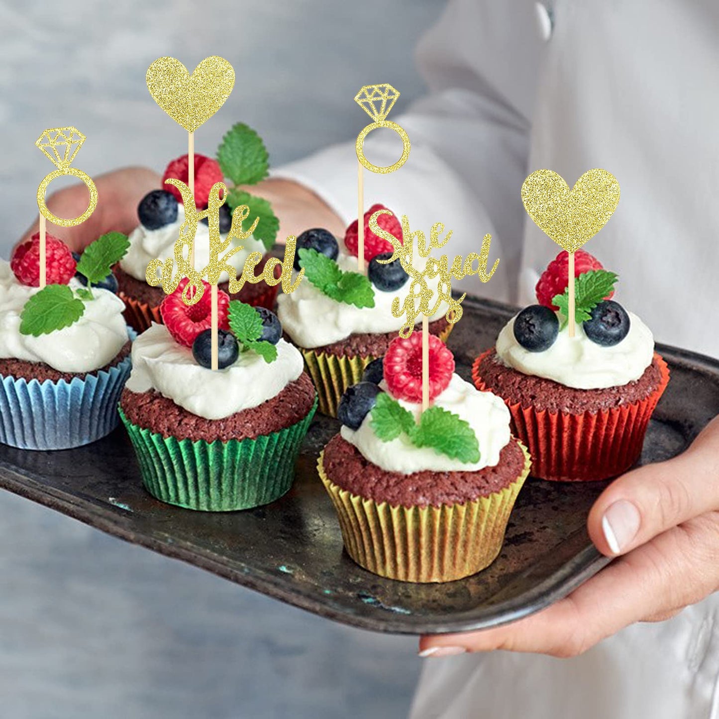 24 Pcs He Asked She Said Yes Cake Topper Gold Cupcake Toppers Heart Diamond Ring Cupcake Picks Glitter Cupcake Decorations For W