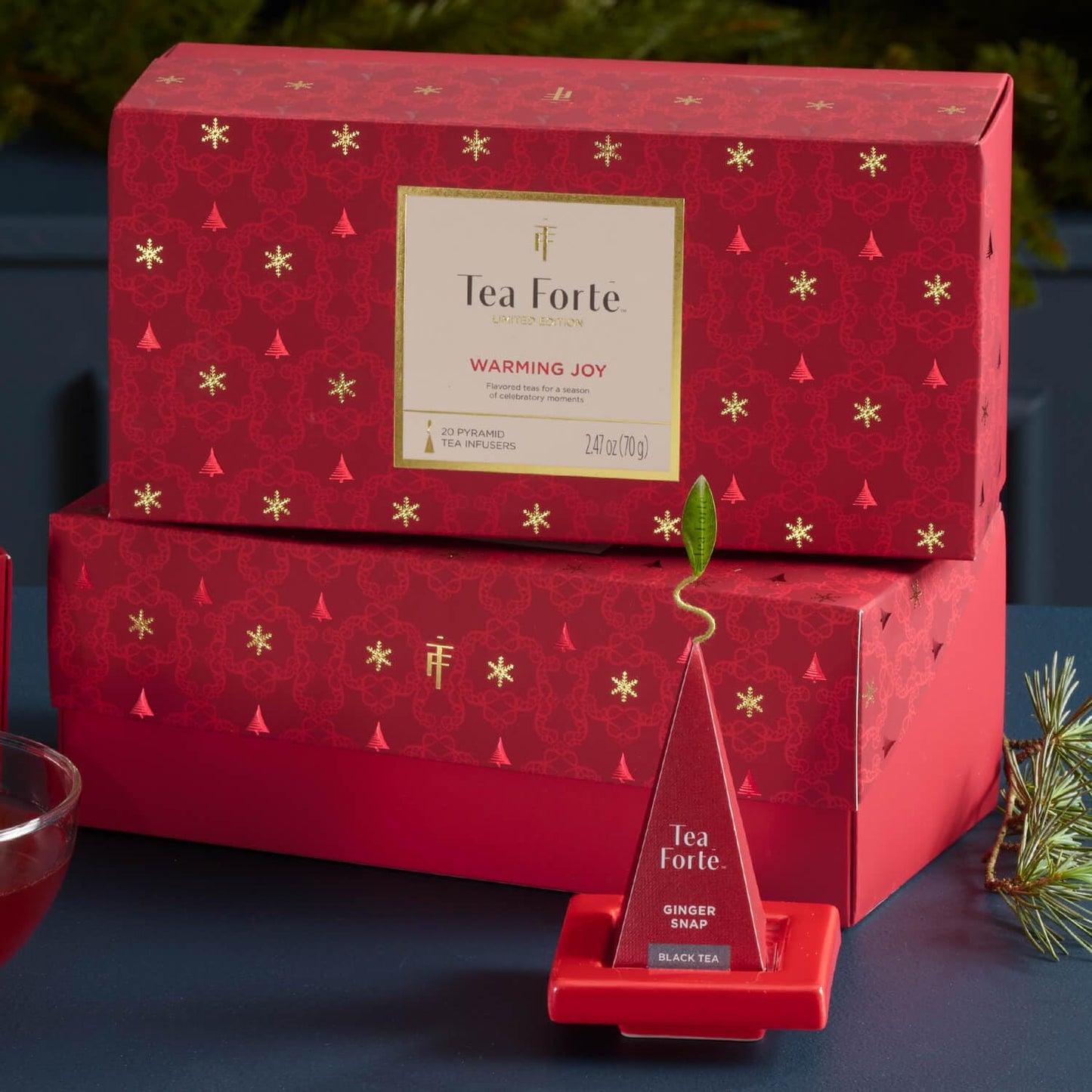 Tea Forte Warming Joy Holiday Enhanced Presentation Box Gift Set Sampler, 20 Count, 4 Of Each Blend Individually Wrapped Handcrafted Pyramid Infuser Bags
