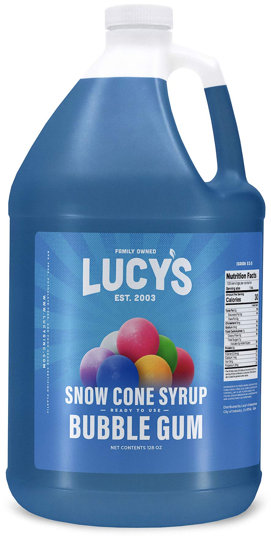 Lucy s Family Owned - Shaved Ice Snow Cone Syrup, Bubble Gum - 1 Gallon (128oz)