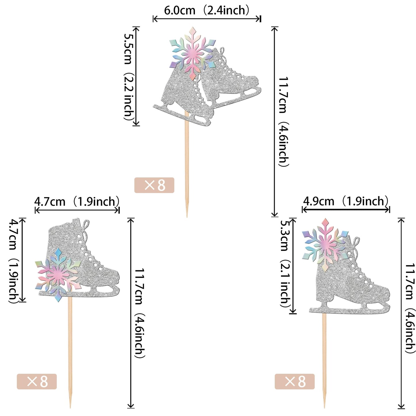 ZHUOWEISM Ice Skating Cupcake Toppers, 24 PCS Glitter Snowflake Picks, 2.2x4.11, Paper, Silver