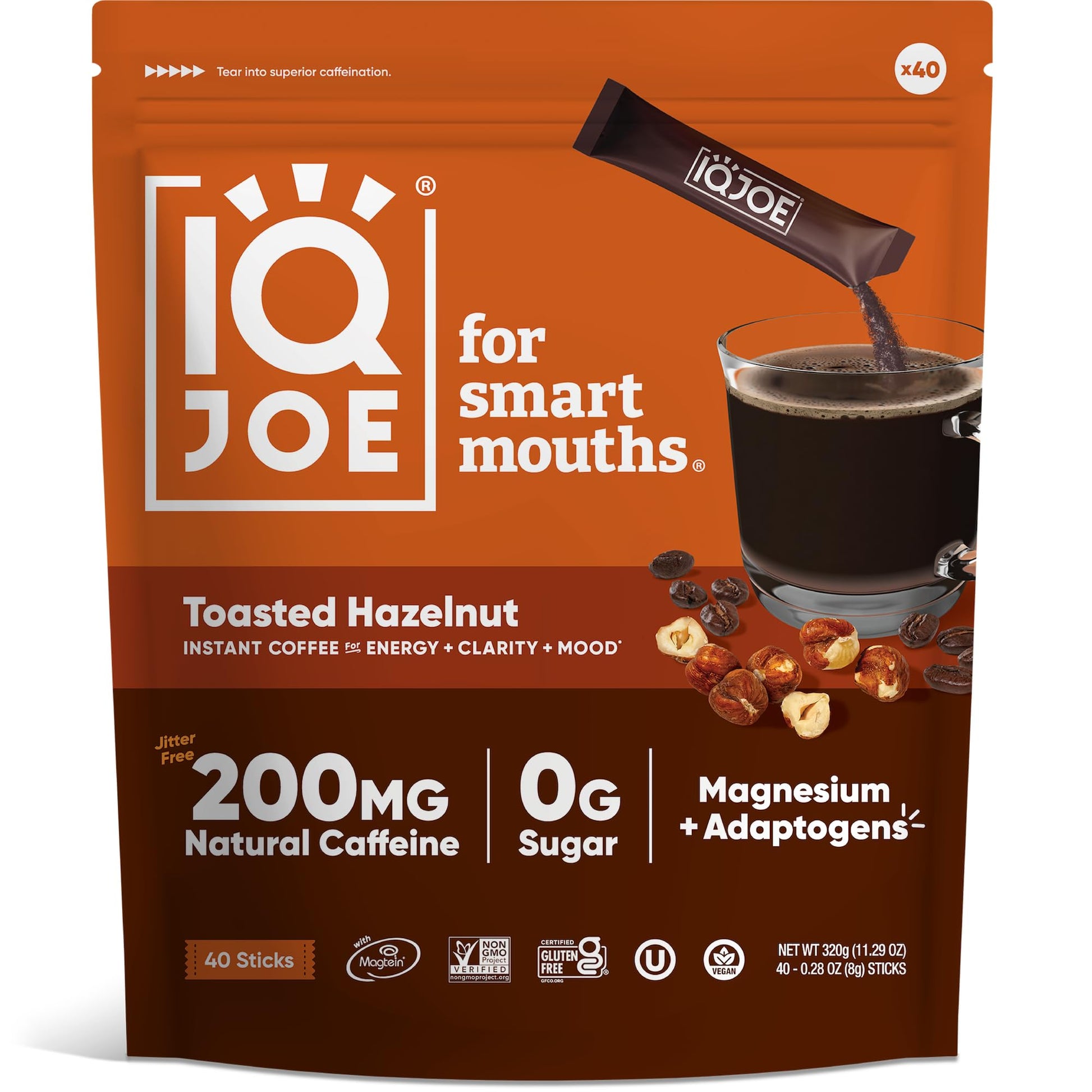 IQBAR Mushroom Coffee Packets - Toasted Hazelnut - 40 Servings - Sugar Free, Vegan, Instant Coffee for Focus and Energy Boost