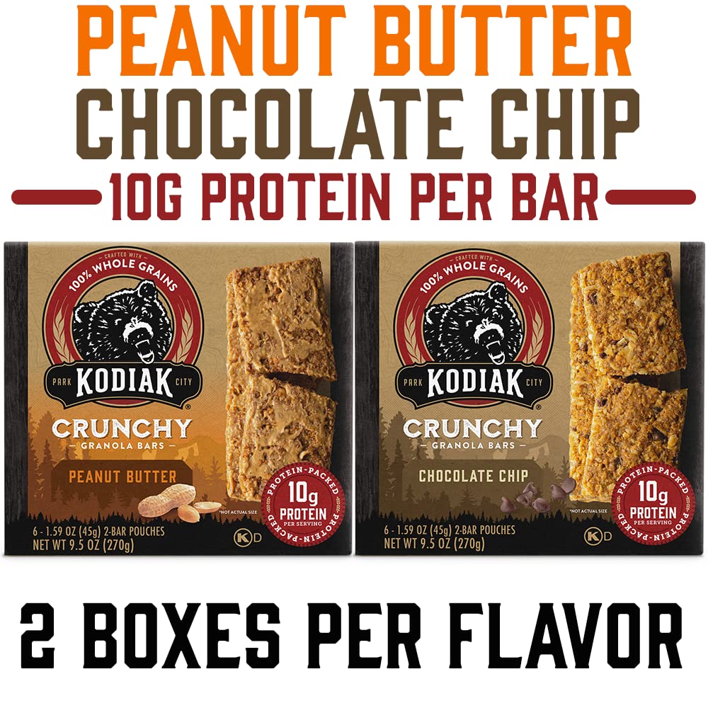 Kodiak Cakes Crunchy Granola Bar Variety Pack - Peanut Butter (2 Boxes) And Chocolate Chip (2 Boxes) High Protein Granola Bar Snack - 100% Whole Grain Granola Bars Bulk - (24) Total Pouches