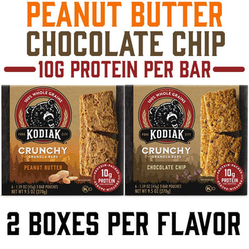 Kodiak Cakes Crunchy Granola Bar Variety Pack - Peanut Butter (2 Boxes) And Chocolate Chip (2 Boxes) High Protein Granola Bar Snack - 100% Whole Grain Granola Bars Bulk - (24) Total Pouches