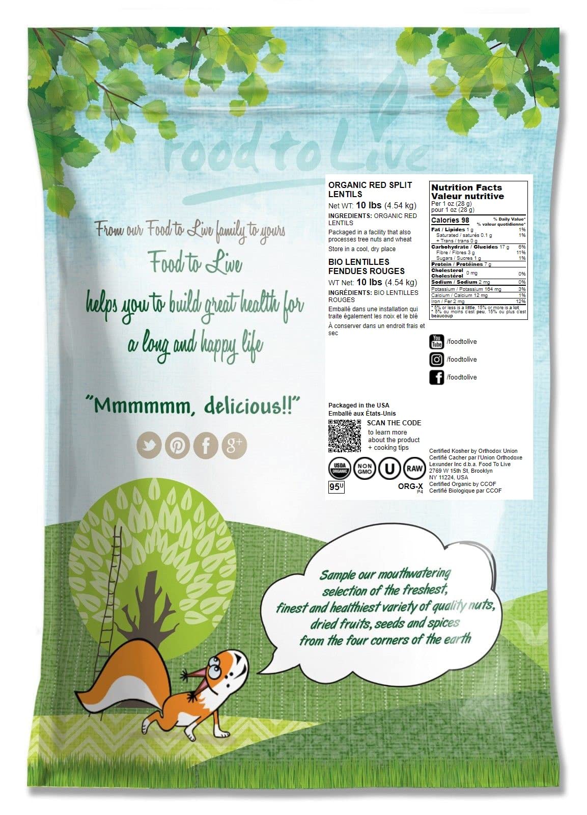 Food To Live Organic Red Split Lentils, 10 Pounds Non-Gmo, Masoor Dal, Dried, Vegan, Kosher, Bulk. No Soaking Required. Source O