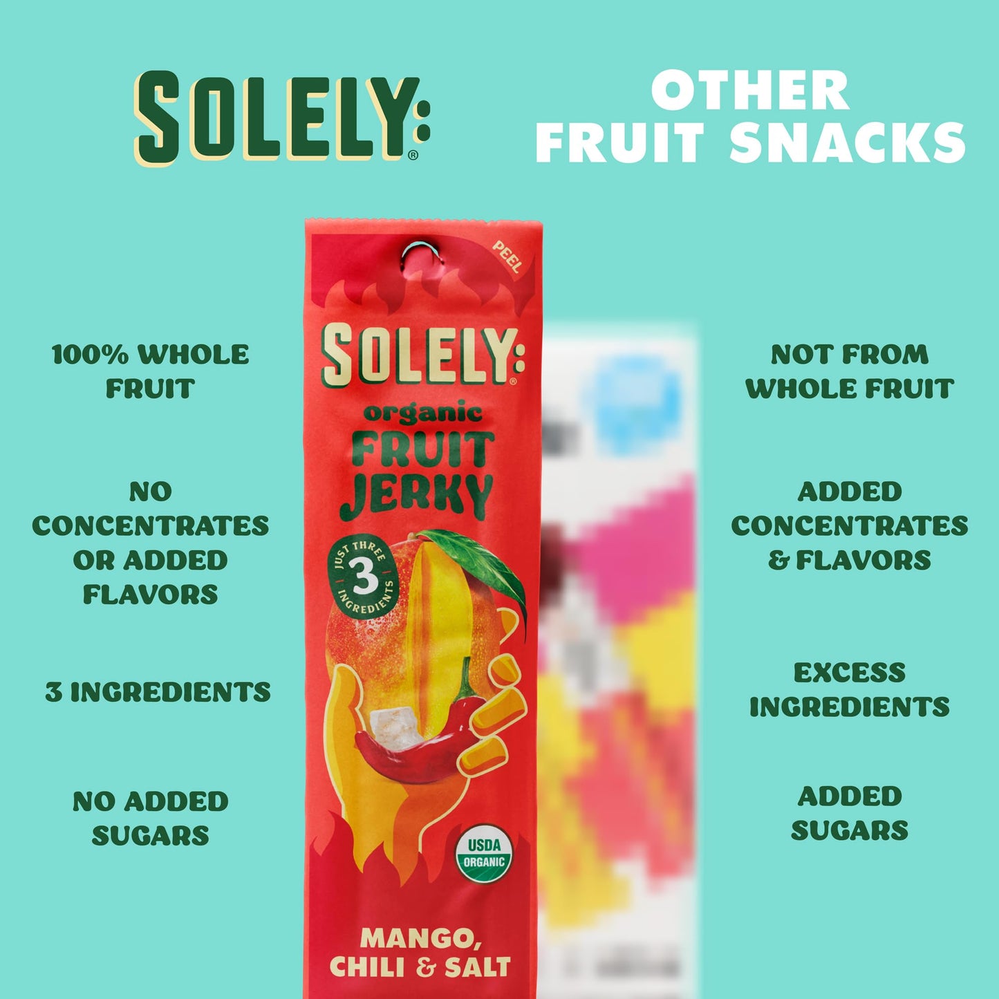 SOLELY - Organic Spicy Mango Chili and Salt Fruit Jerky - 12 Individually Wrapped Strips - Fruit Leather Made from Dried Fruit -
