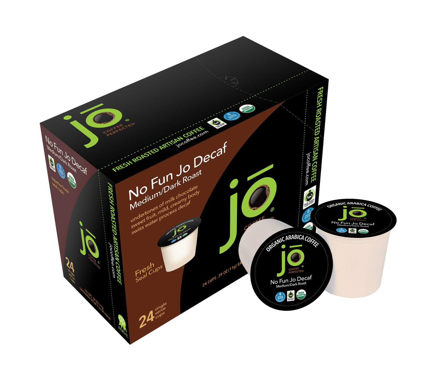 No Fun Jo Decaf: 48 Cups, Organic Medium Dark Roast Swiss Water Process For Keurig K-Cup Compatible Malt-Inspired, Fresh Seal Single Serve Cups, Fair Trade Certified Kosher Non-Gmo Gluten Free By Jo Coffee®
