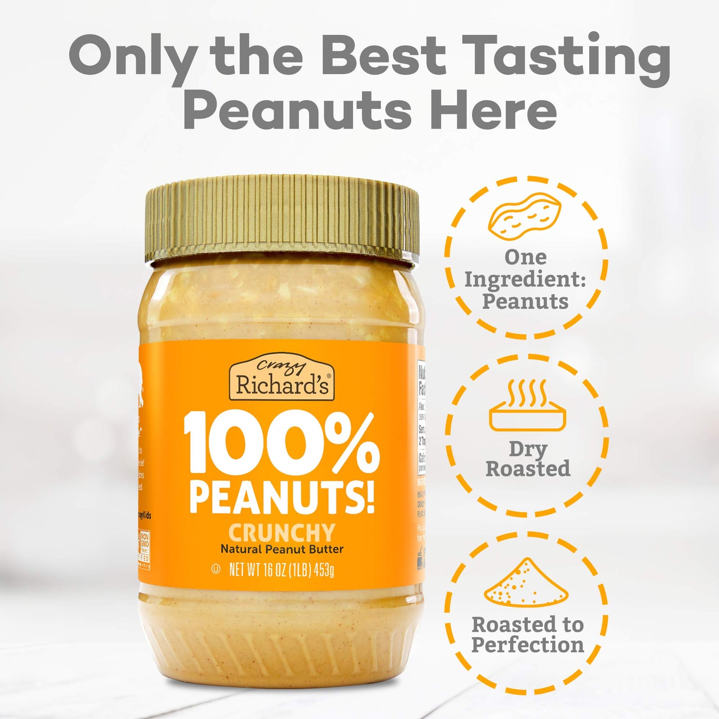 Crazy Richards 100% All-Natural Crunchy Vegan Peanut Butter with No Added Sugar and Non-GMO (16 Ounce, Pack of 6)