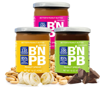 Better’n Peanut Butter Low Fat Peanut Butter Spread Variety Pack, Original, Banana, Chocolate, 16 oz. Glass Jars, Gluten Free, Dairy Free
