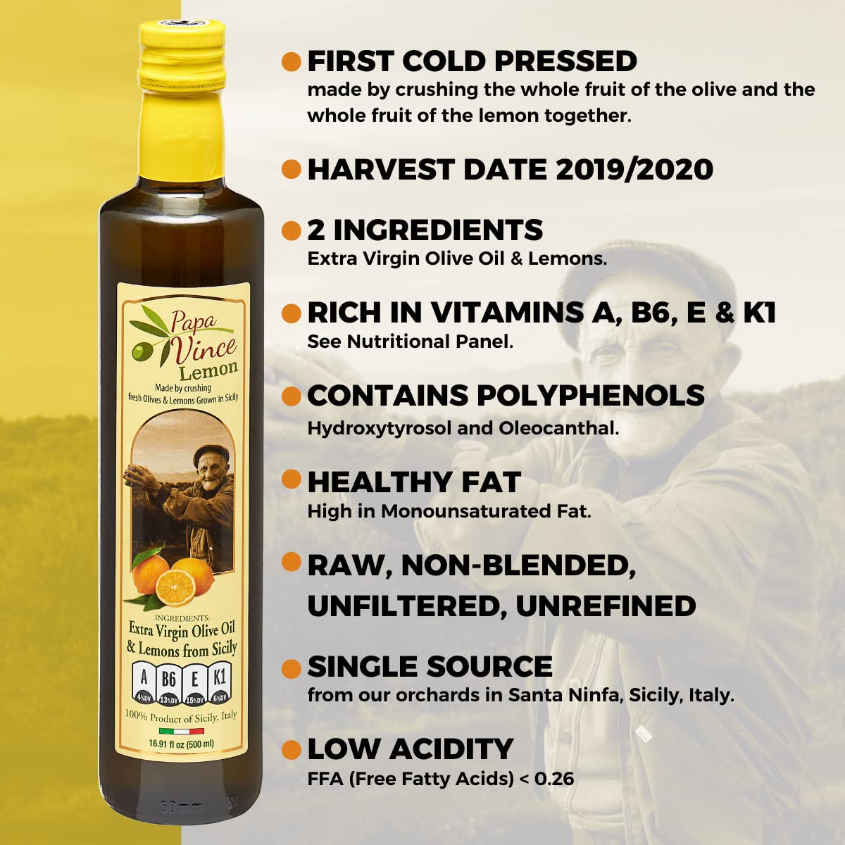 Papa Vince Extra Virgin Olive Oil, Lemon Agspirit-inspired flavorato, First Cold Pressed, Unfiltered, 16.91 Fl Oz, Glass Bottle, Sicily, Italy