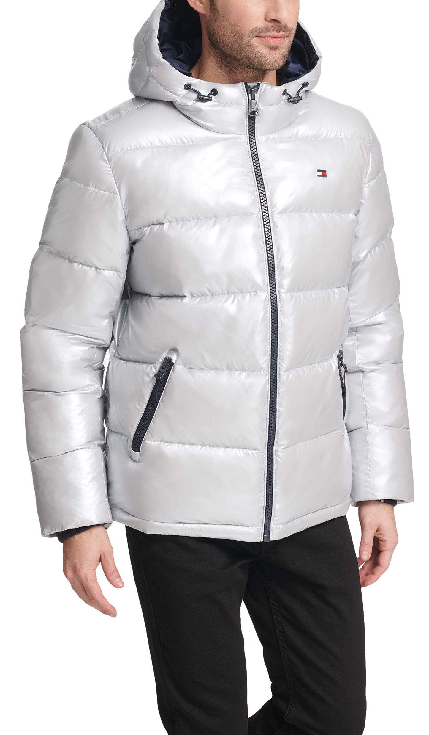 Tommy Hilfiger Mens Hooded Puffer Jacket, Pearlized Grey, Small