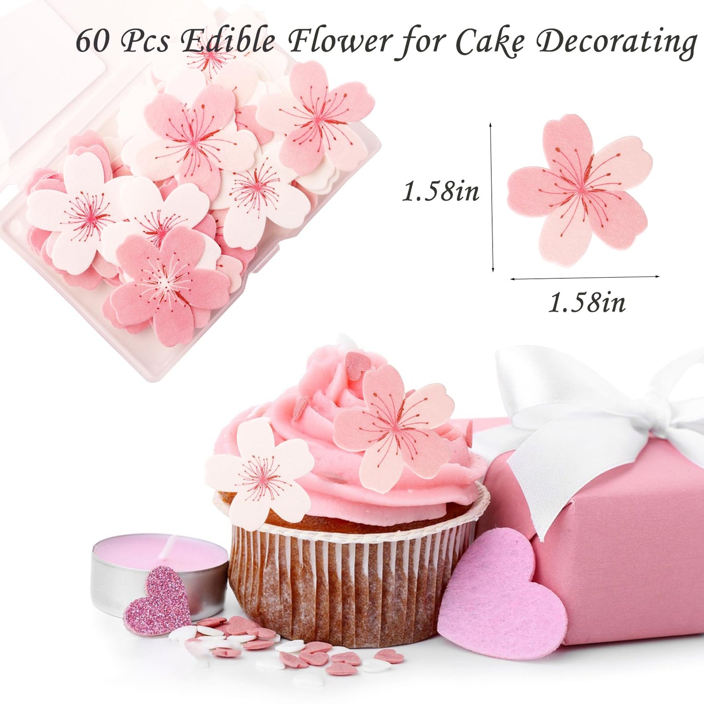 60 Pcs Edible Flowers Cake Topper Cupcake Toppers Decorations Wafer Paper Pink Cherry Blossom Flowers Wedding Themed Party Birth