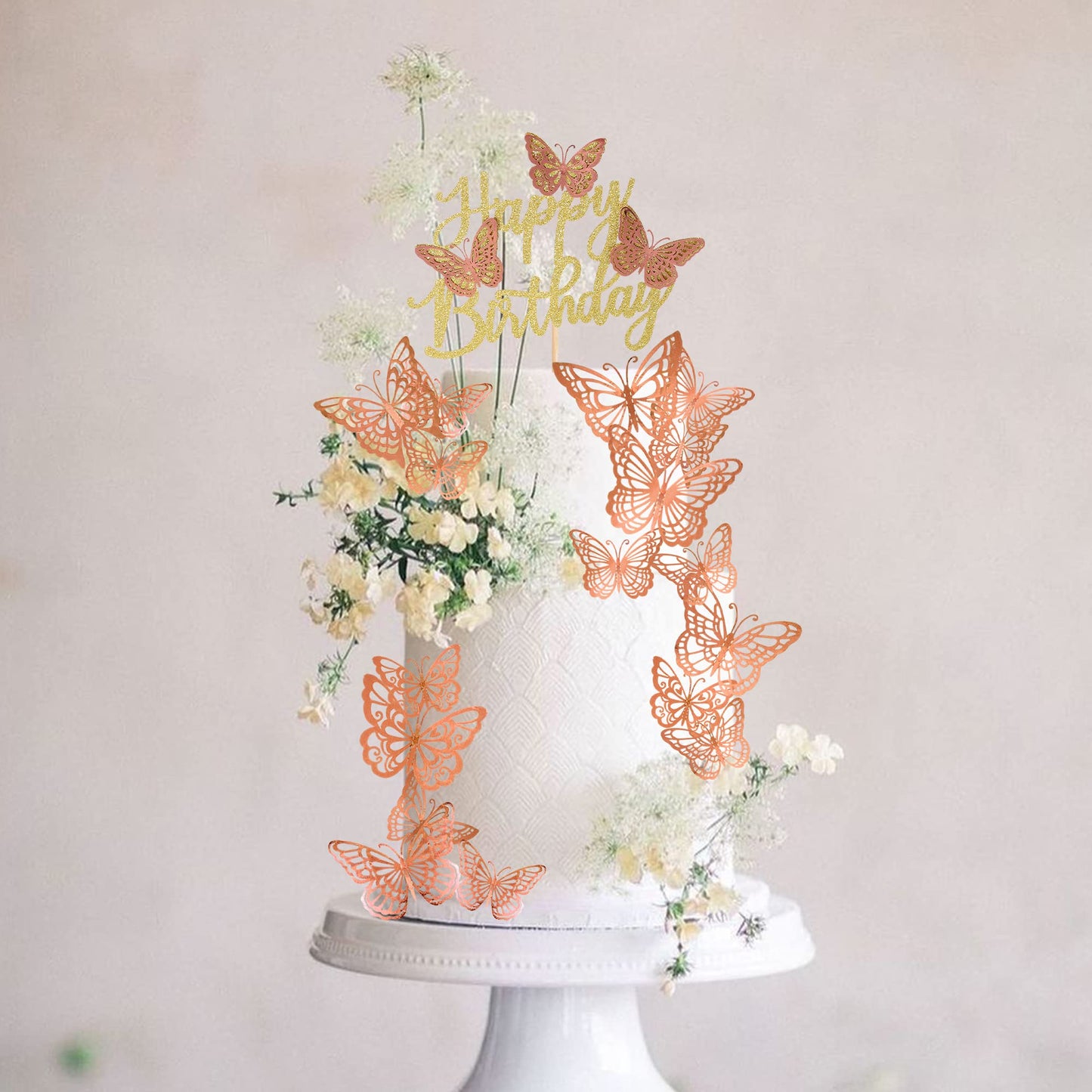 Rssta i Butterfly Cake Toppers - 25 Pack Glitter Happy Birthday 3D Cupcake Toppers - Rose Gold - Model XM266