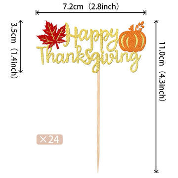 24 Pcs Happy Thanksgiving Cupcake Toppers With Glitter Maple Leaf Pumpkin Fall Theme Thanksgiving Cupcake Picks For Happy Thanks