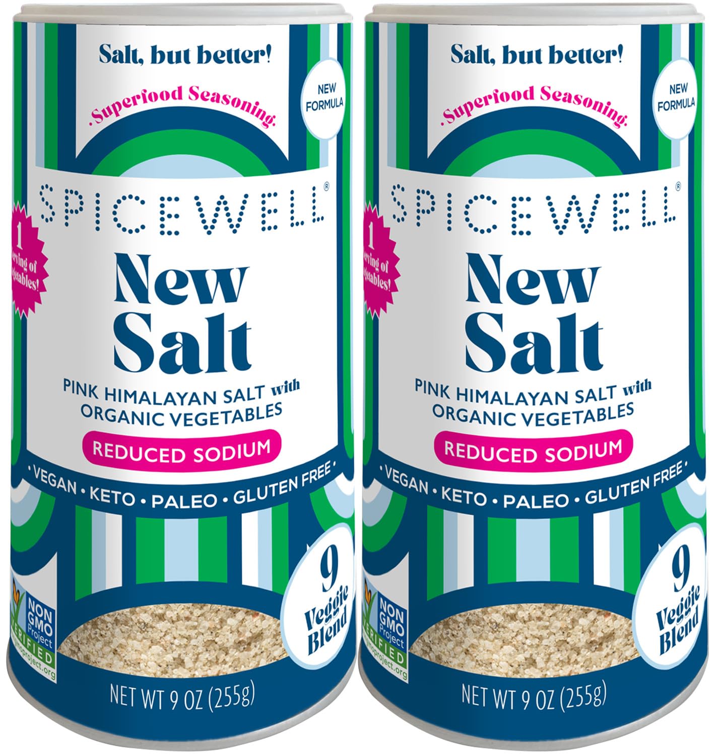 Spicewell - Himalayan Pink Salt Pouch - Boosted with 9 Real Veggies, Less Sodium Than Table Salt - Fine Ground - 9oz Shaker (2 p