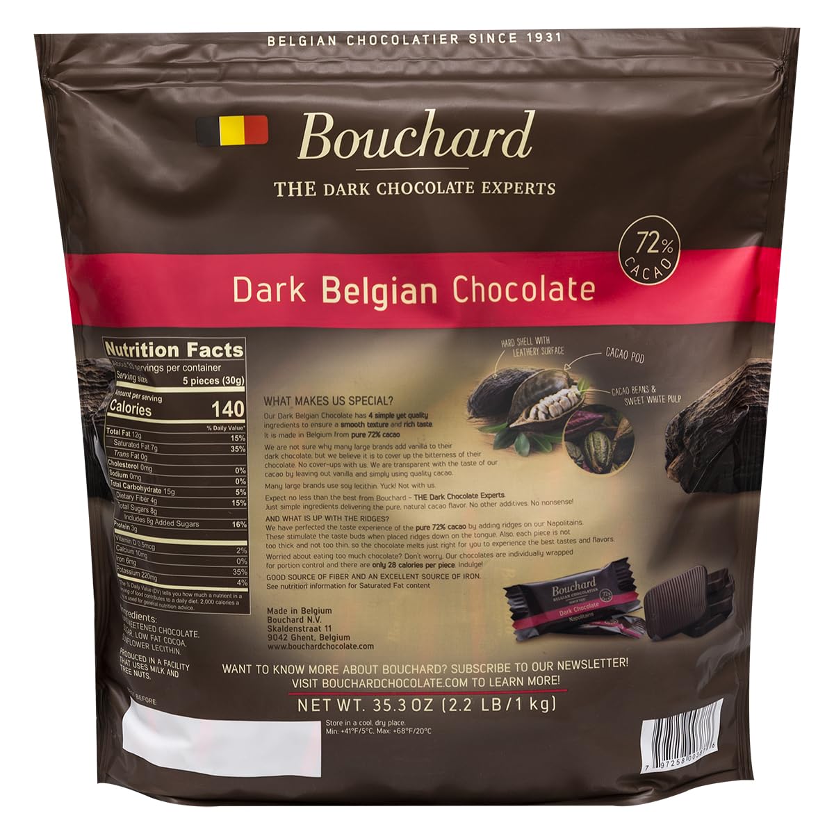 Belgian Dark Chocolate Napolitains (72% Cacao) 35.3 OZ (2.2 LB/1KG)