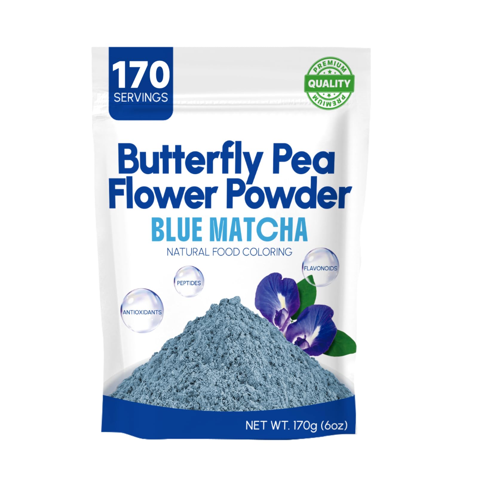 6Oz Butterfly Pea Flower Powder - 170 Servings Blue Matcha Instant Butterfly Pea Flower Tea Natural Food Coloring Dye Energy Blend Free For Smoothies Drinks Mix Raw Vegan Plant Based Superfood Non Gmo